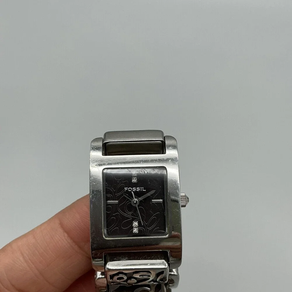 Fossil Womens Watch 21mm Black Dial Stainless Bracelet Wood New Battery 6.25